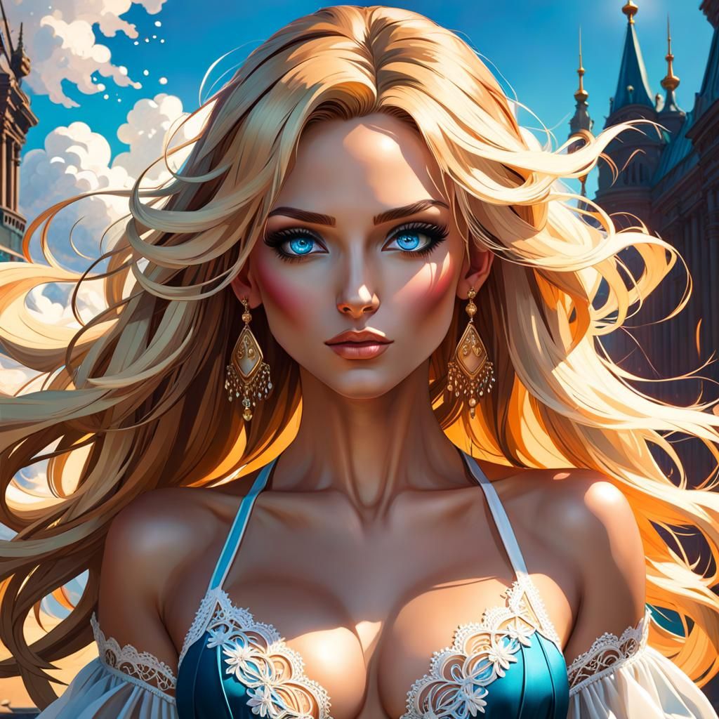 Aquarelle Portrait of a Blonde Woman in Clouds