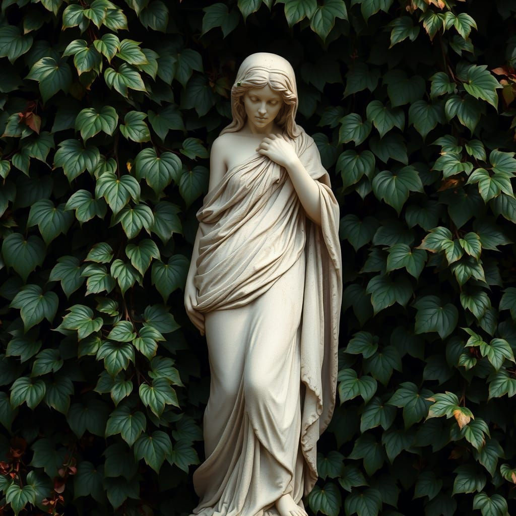 Ivy-Covered Statue
A timeless stone statue of a woman is gently embraced by a veil of ivy. The foliage is so lush it nea...