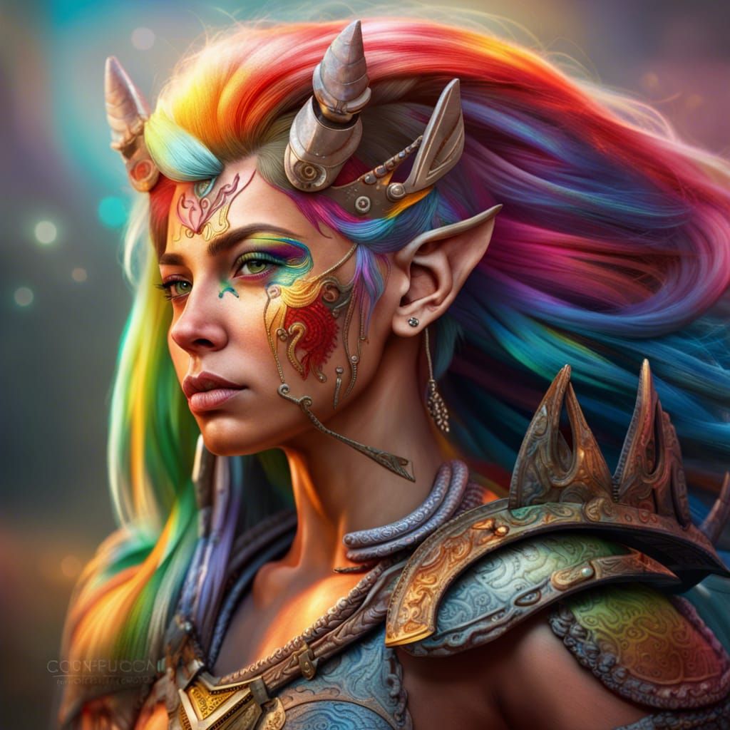 Hyperrealistic Centaur Warrior with Rainbow Hair