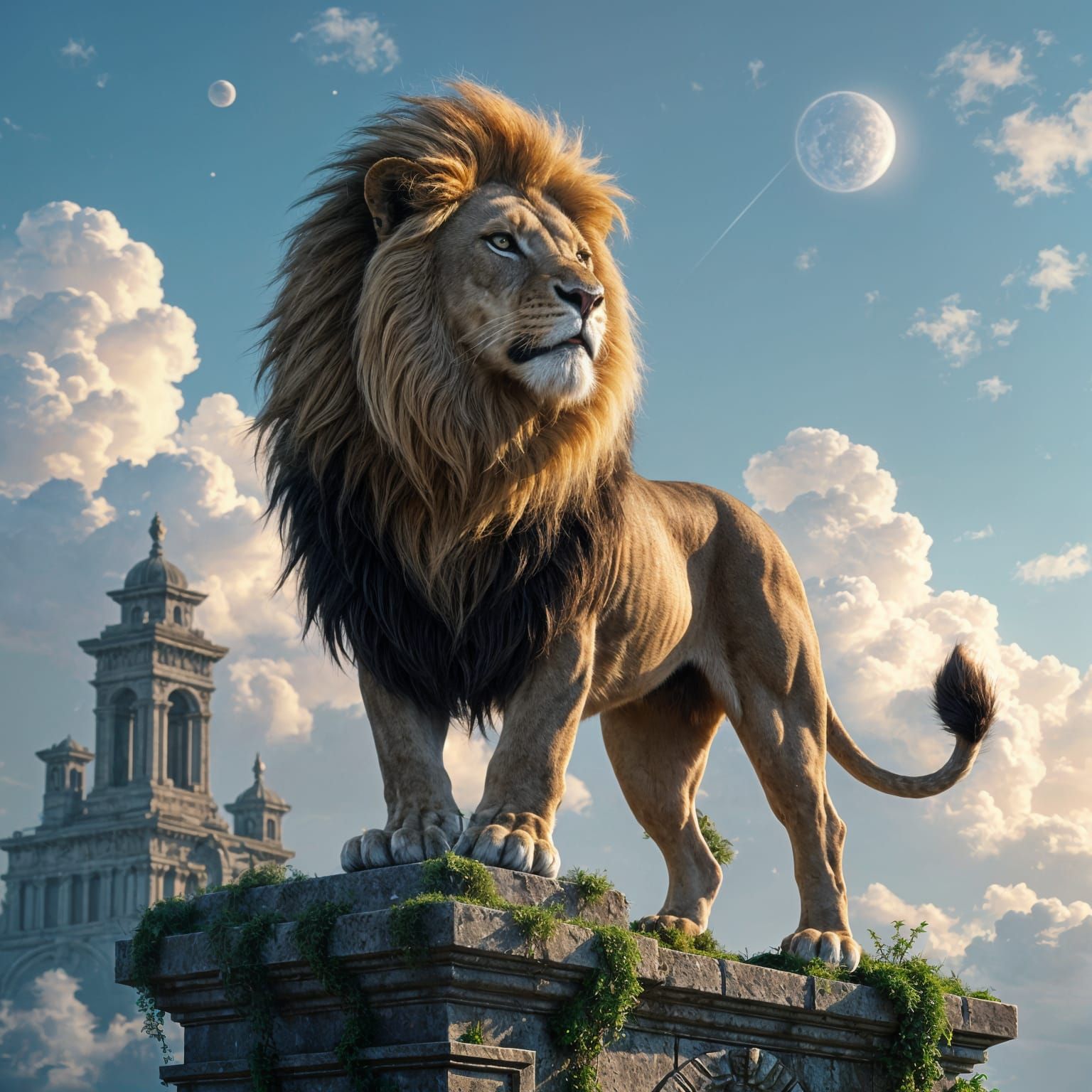 Stardust Lion on Ancient Ruins, Hyperdetailed Fantasy Art