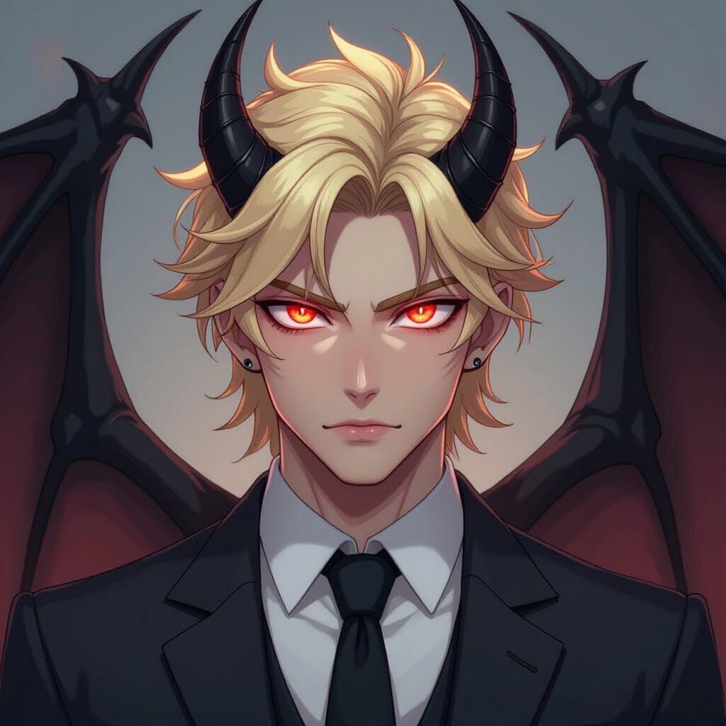 Anime Demon in Dark Suit with Red Eyes