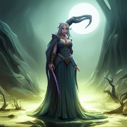 Anime Swamp Witch with Gold Eyes, Detailed Matte Painting