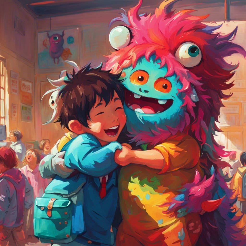 Cute Monster Hug: Hyperdetailed Maximalist School Scene