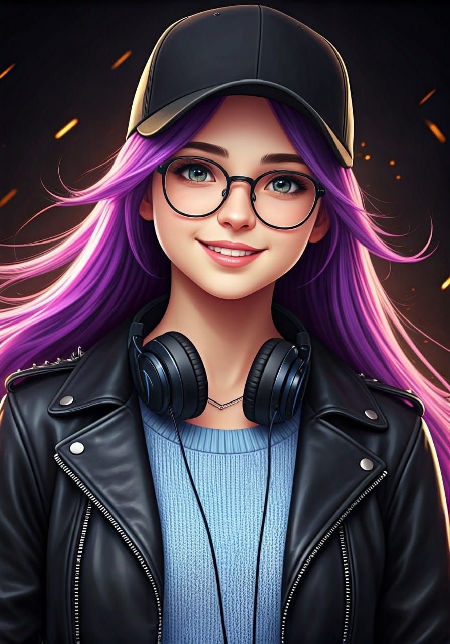 Girl with Purple Hair in Dynamic Lighting, Digital Art