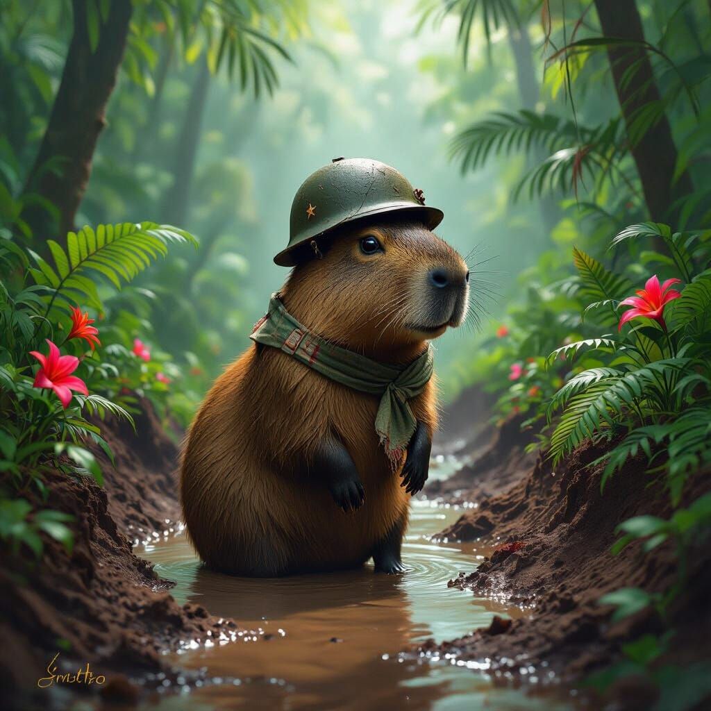 Capybara in WWI Trench Amidst Lush Rainforest
