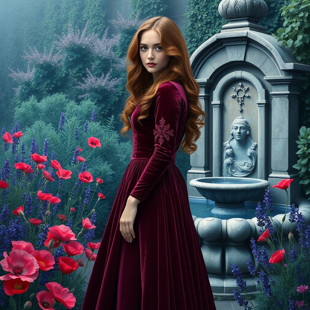 digital painting portrays a graceful young woman with cascading auburn waves, standing in a tranquil fantasy garden. She...