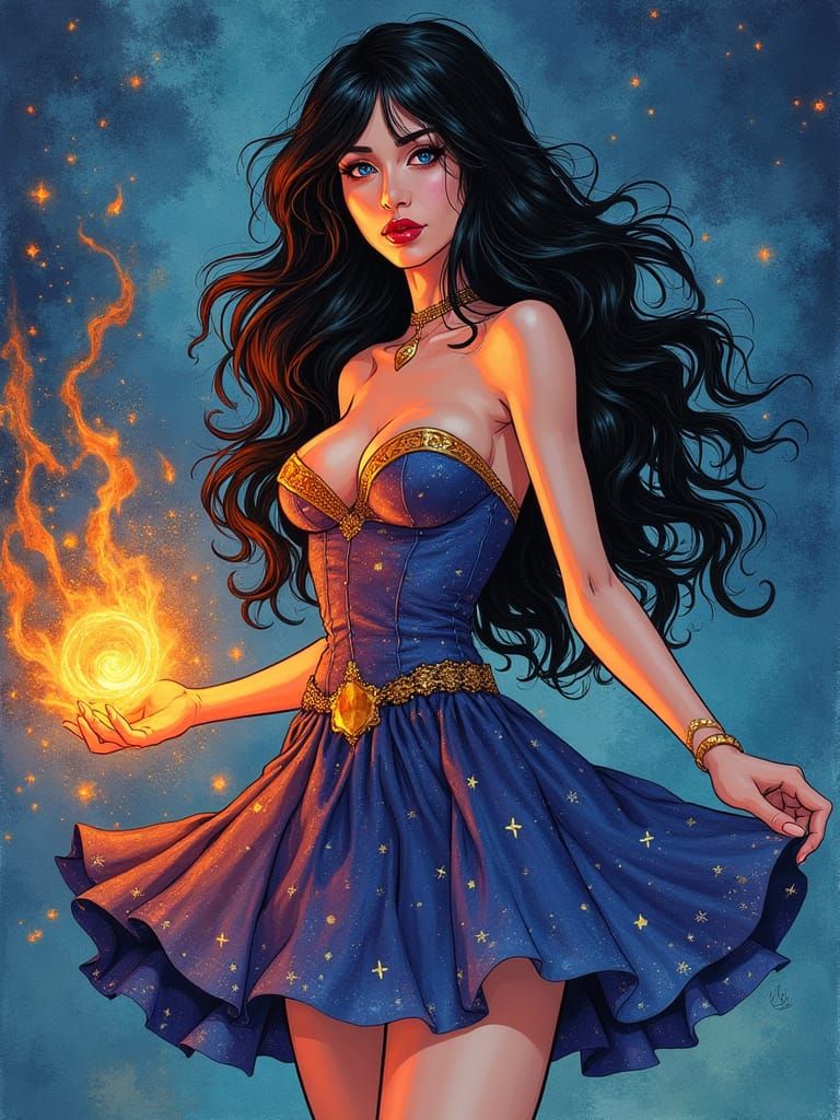 Cosmic Sorceress Zatanna Conjures Fire in Acrylic Style