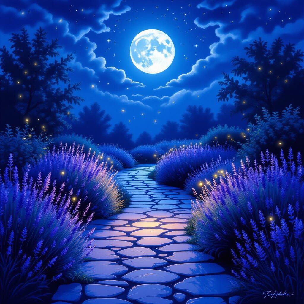 Moonlit Garden Path with Lavender and Wildflowers