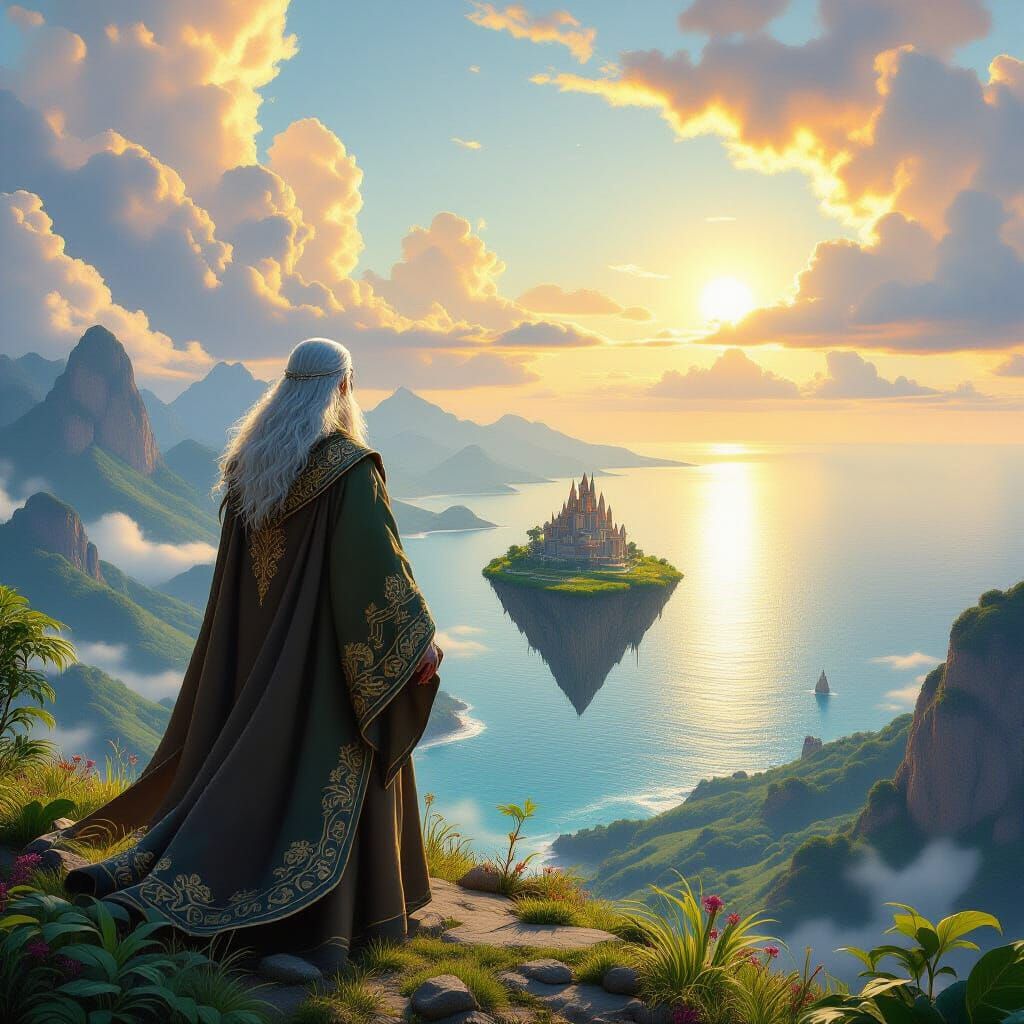 Archmage Overlooks Floating Island Landscape in Photorealist...