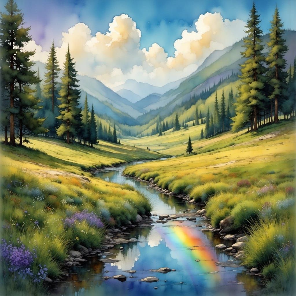 Vibrant Rainbow Over Peaceful Pastoral Stream