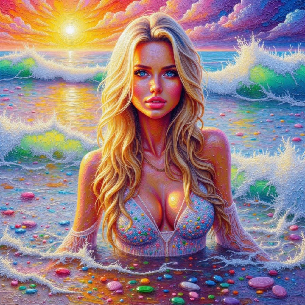 Impasto 3D Painting of Woman at Serene Beach