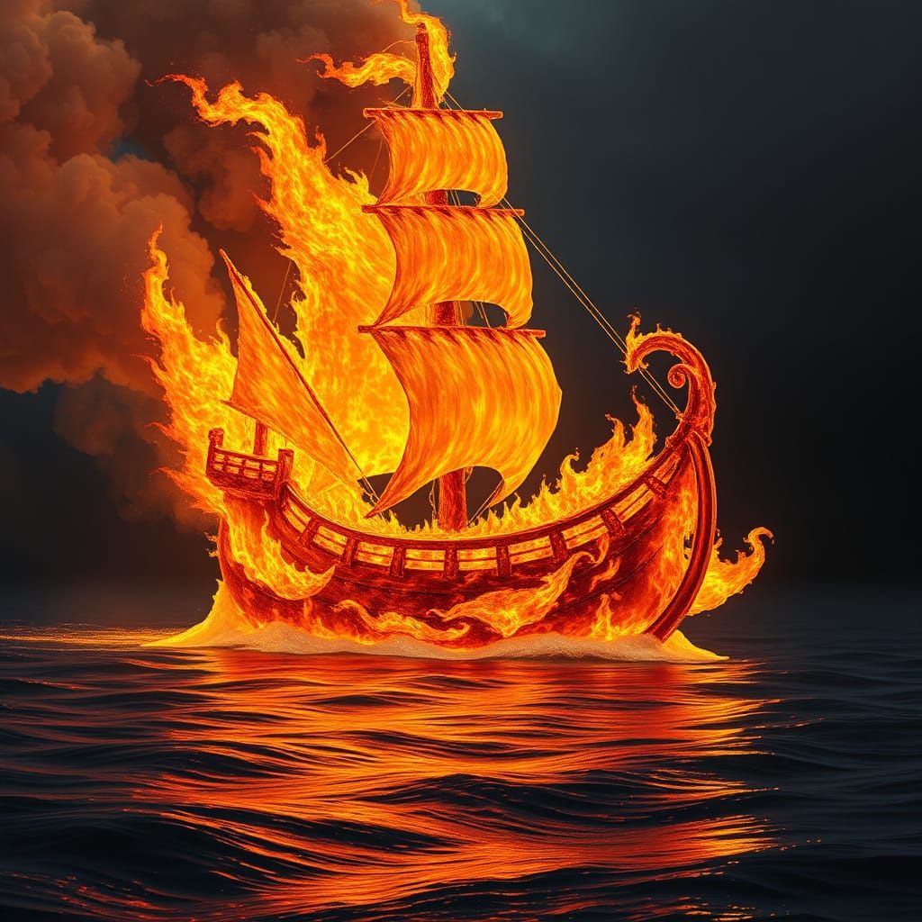 Majestic Flame Ship Sails Across Midnight Sea
