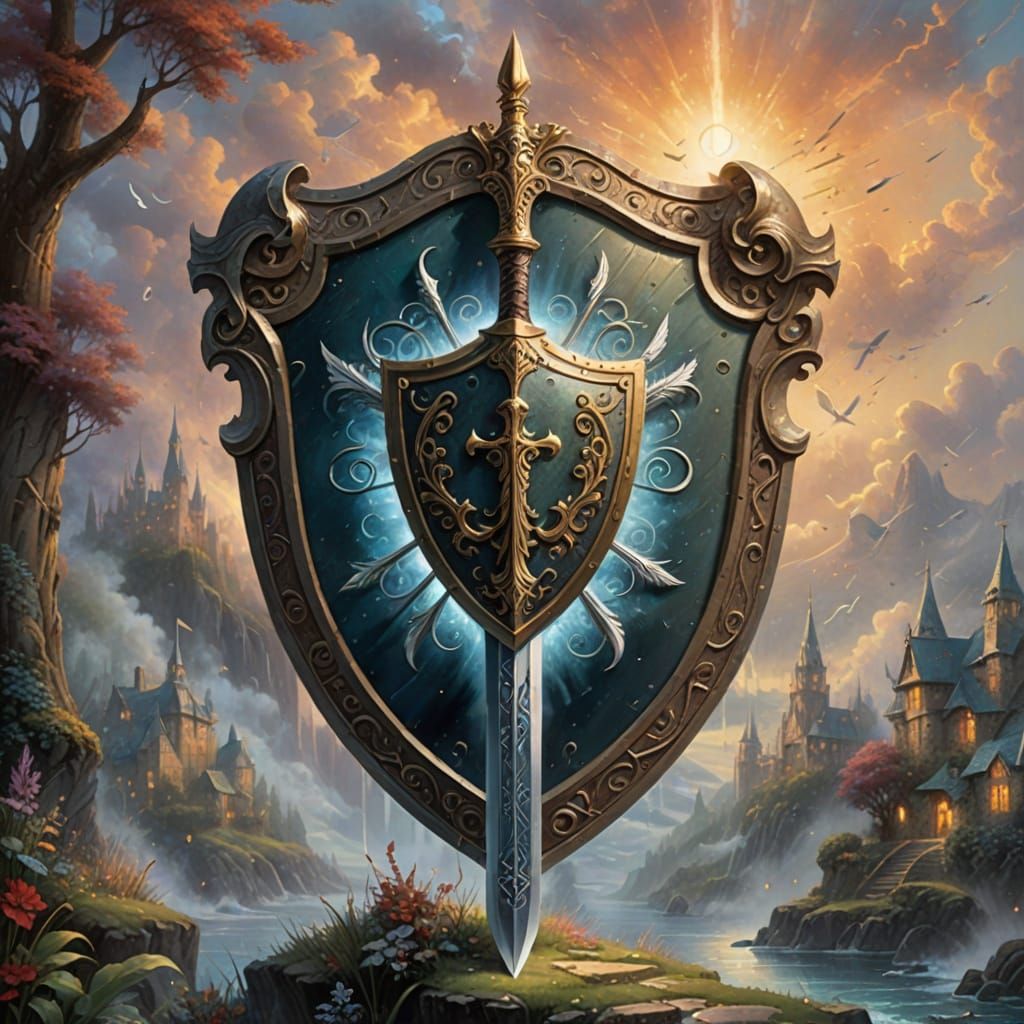 Ethereal Fantasy Shield with Sword and Quill in Question Mar...