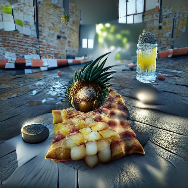 Pineapple on Pizza in Hyperreal Film Style