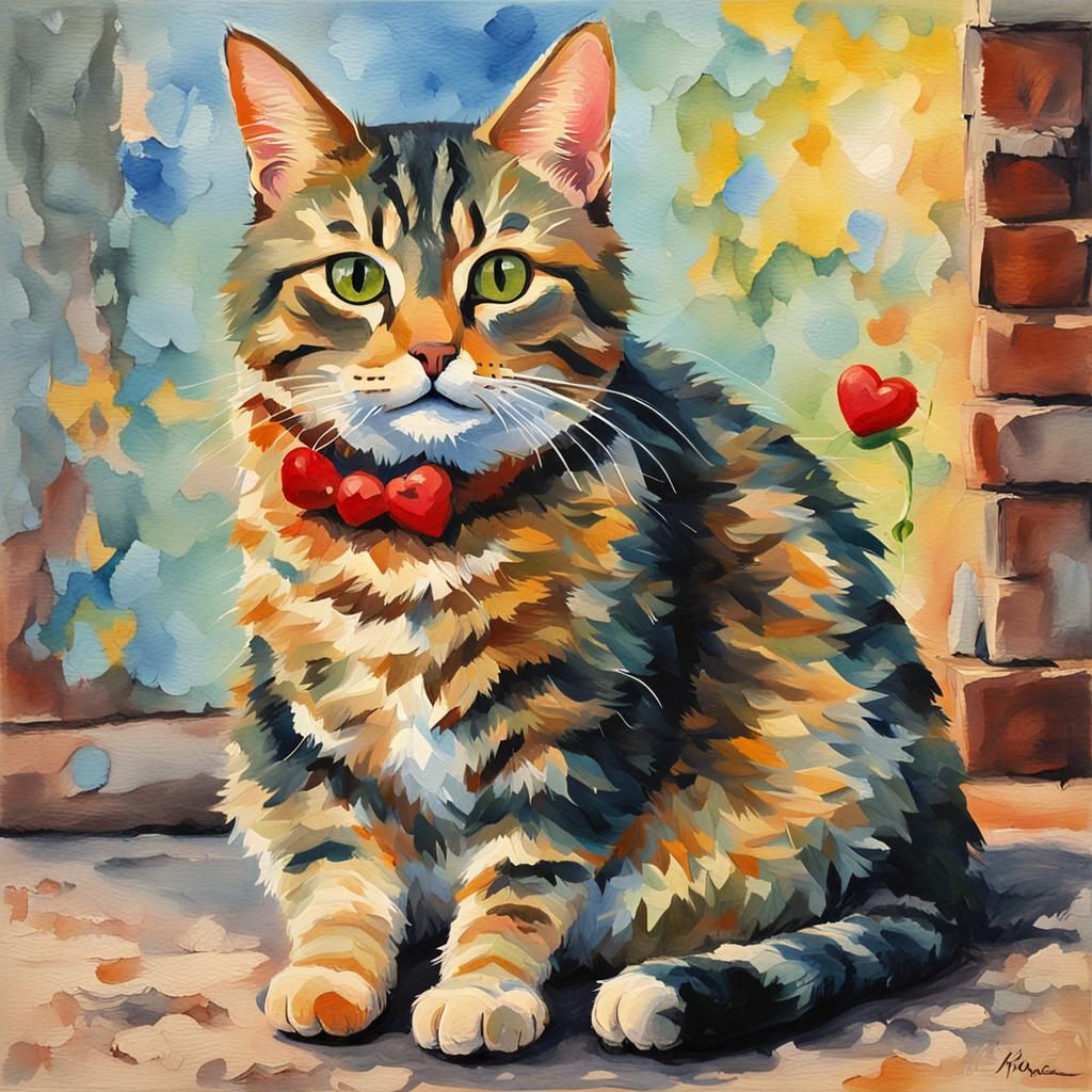 Tabby Cat Seeks Love: Gouache Impressionist Painting