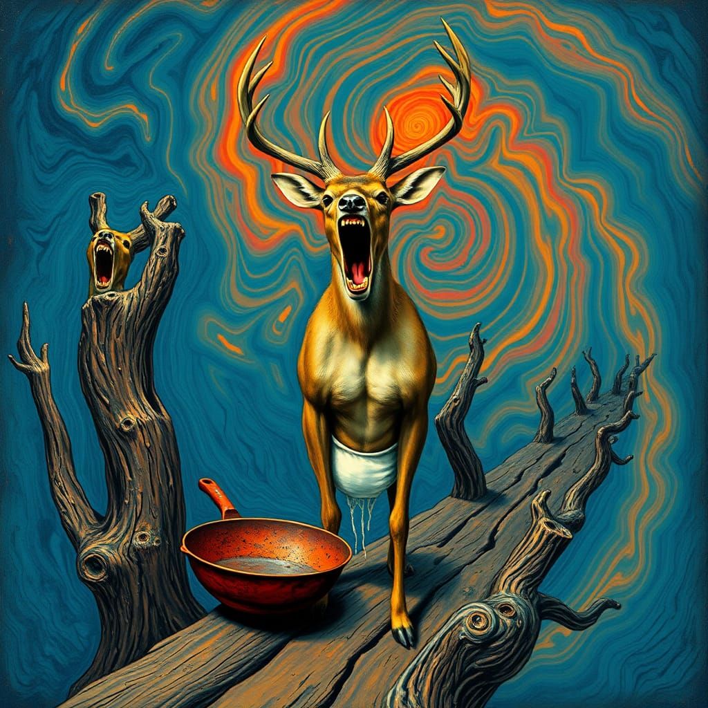 Anthropomorphic Deer's Silent Scream in Psychedelic Setting