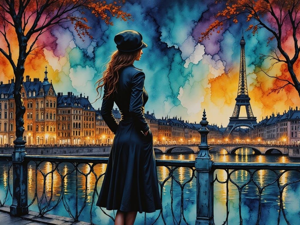 Parisian Night Scene in Alcohol Ink Style