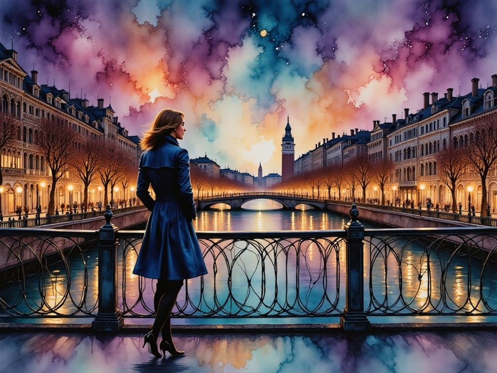 Parisian Nights: Woman on Seine Bridge in Alcohol Ink Style
