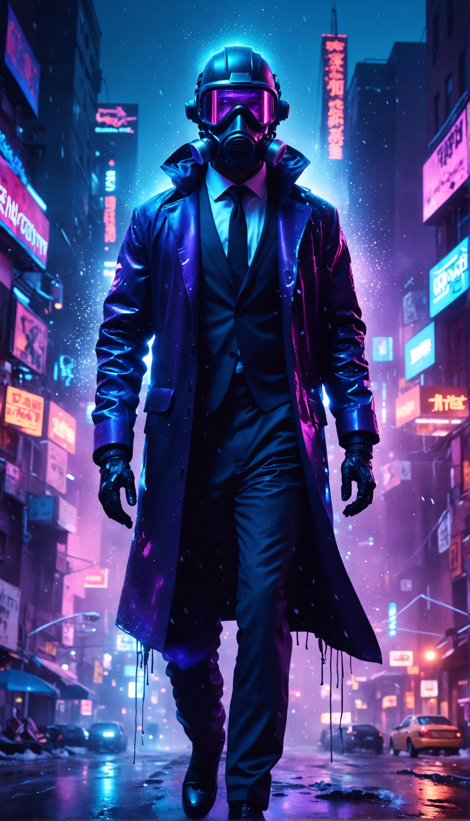 Surreal Cyberpunk Figure in Neon Cityscape