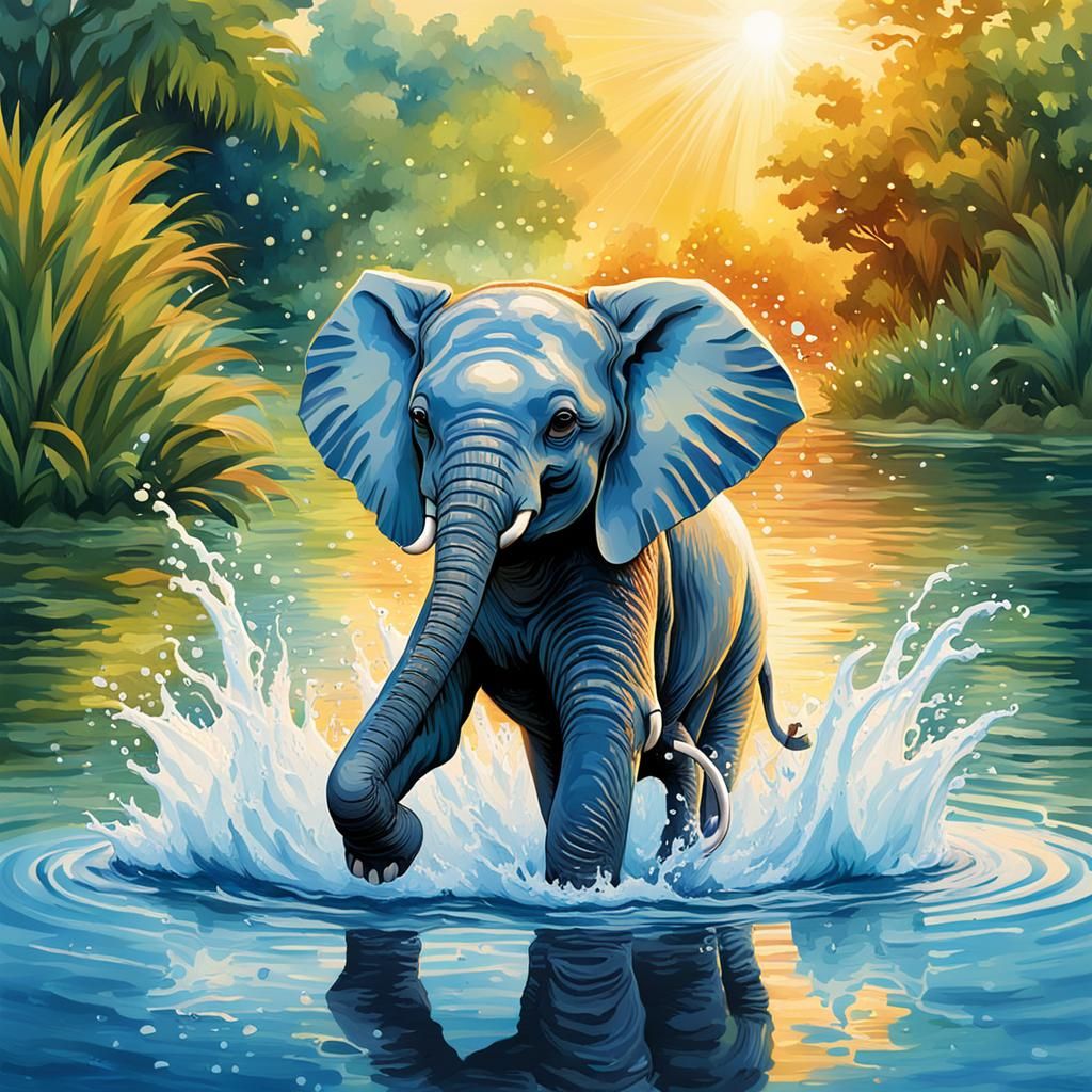 1 Baby elephant playing in water, sky of lots of colors, lak...