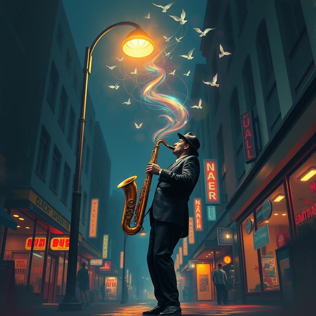 Saxophonist's Night Song in Neon Cityscape