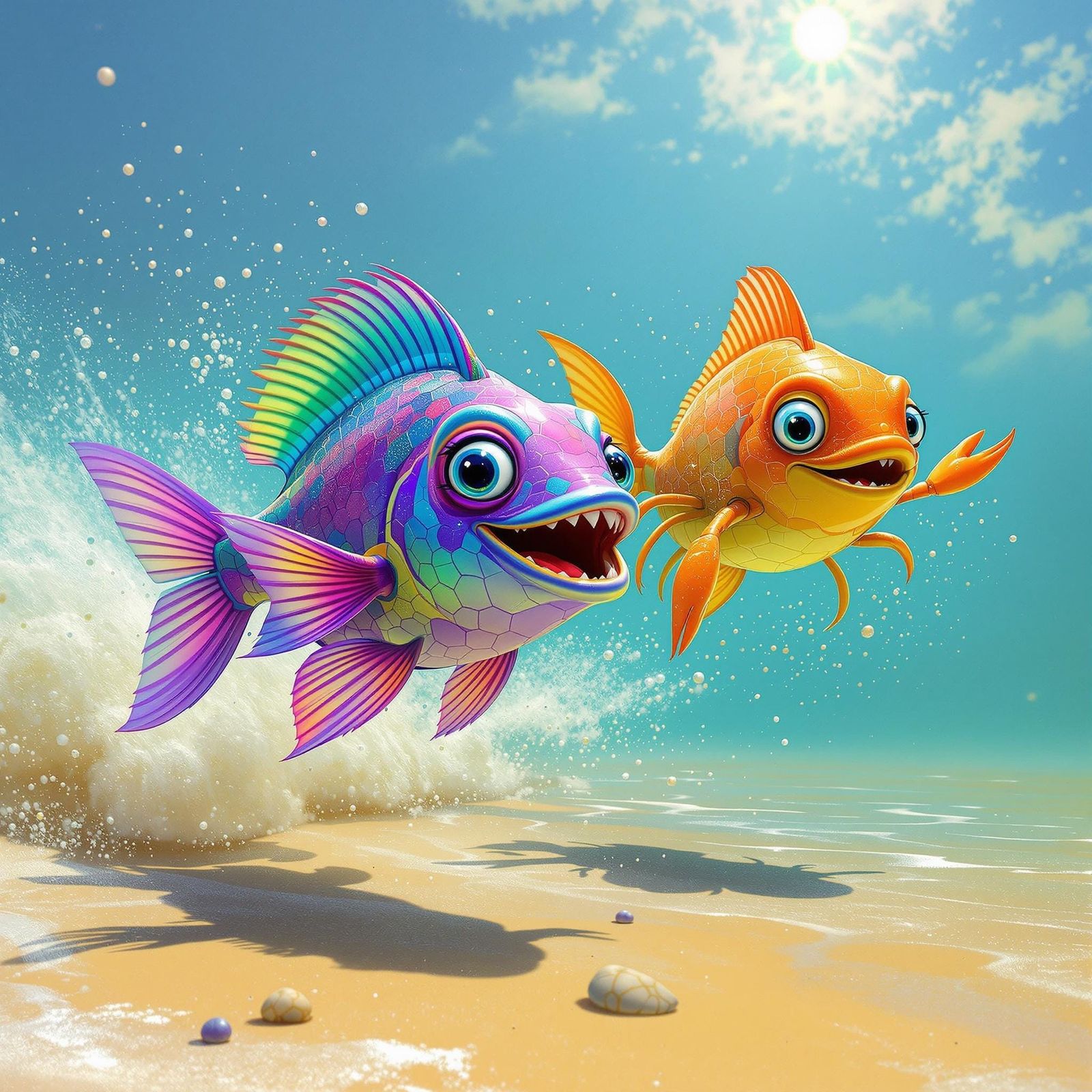 Vibrant Fish Victory Over Crab in Futuristic Ocean Scene