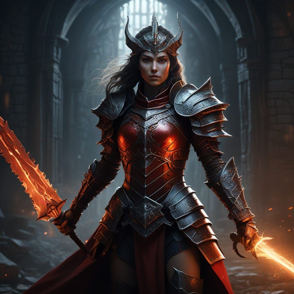 Dark Fantasy Guardian in Red Dragon Armor