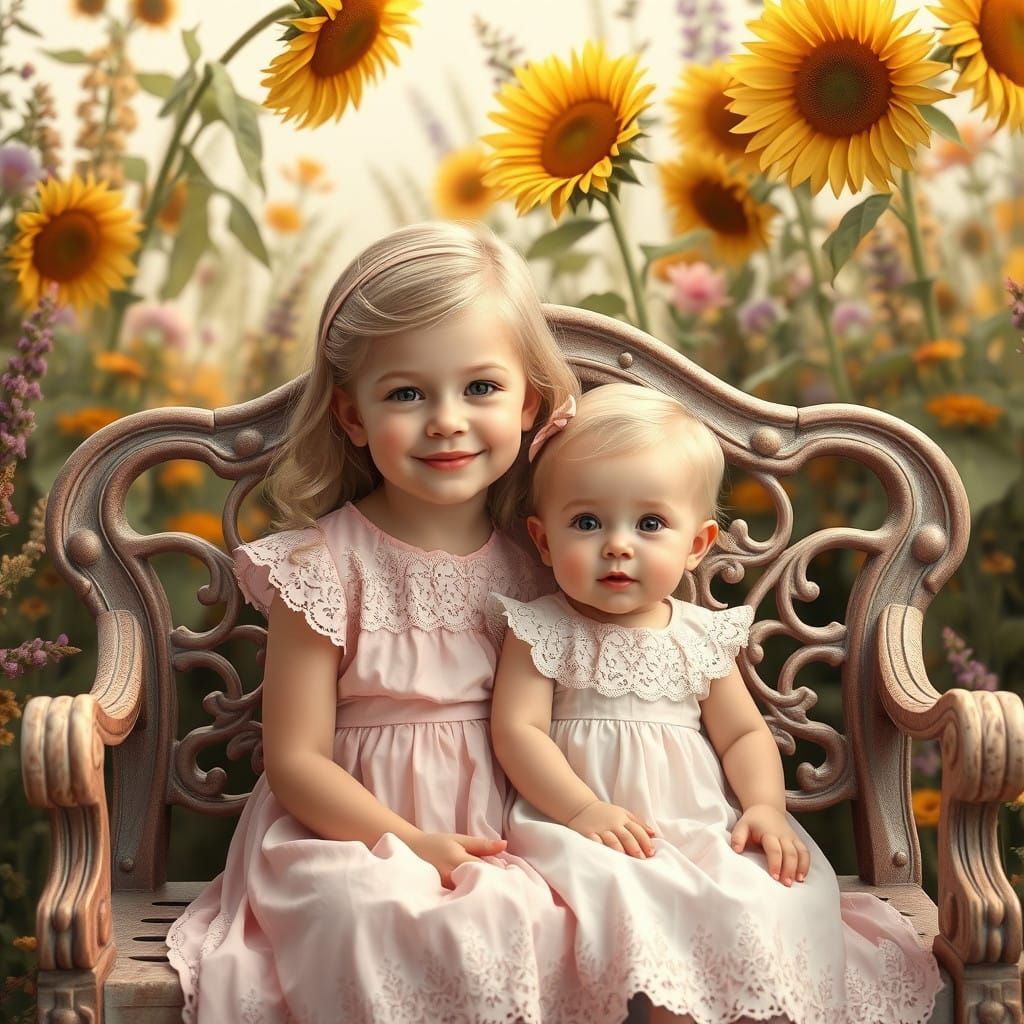 Whimsical Sisters Amidst a Vibrant Floral Wonderland