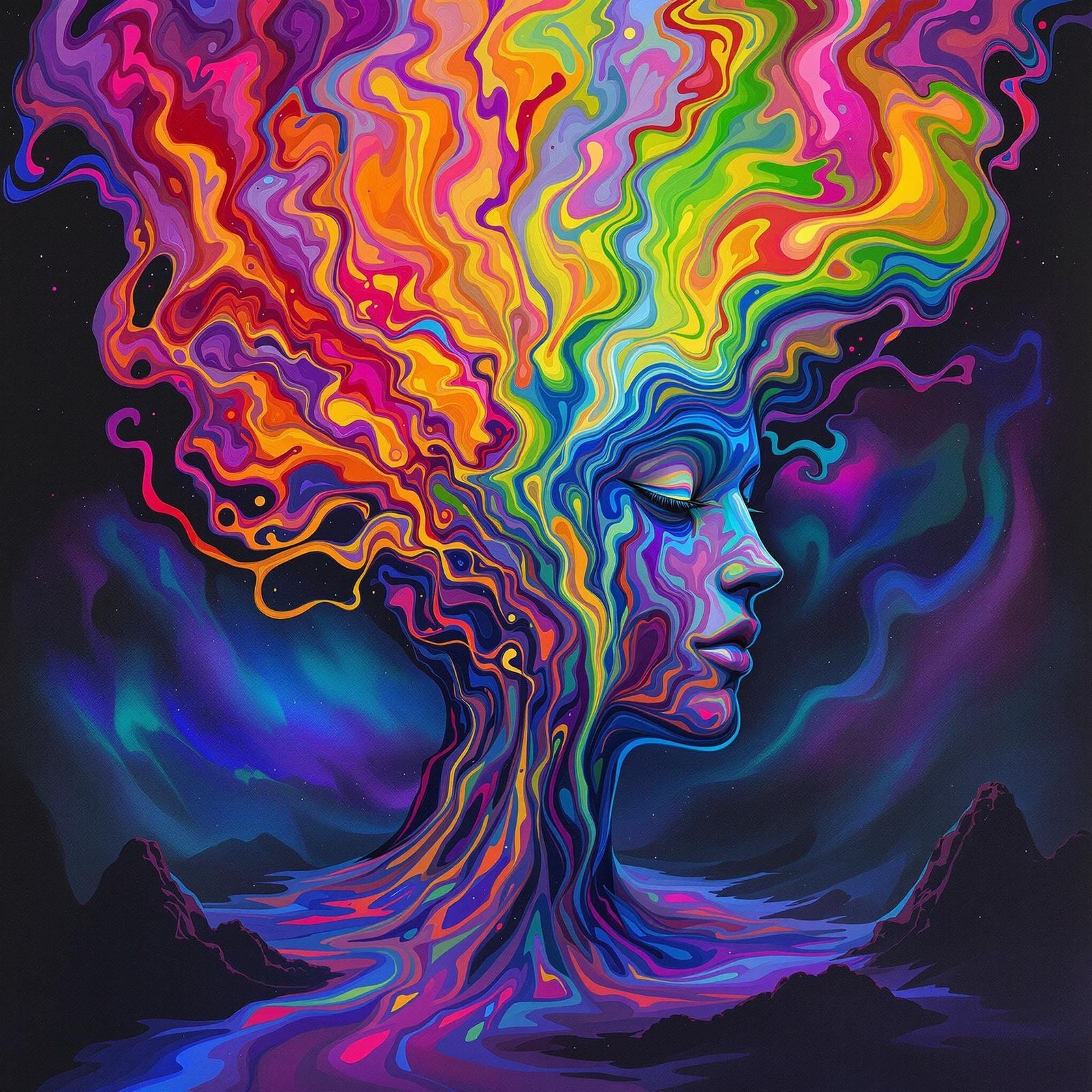 Surreal Head Melting into Iridescent Dreamscape