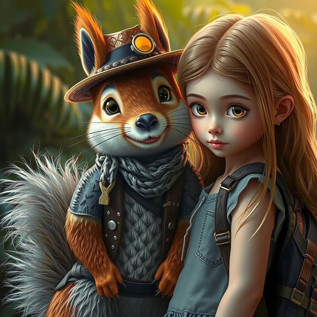 Squirrel Adventurer and Girl in Jungle, Hyperrealistic Art