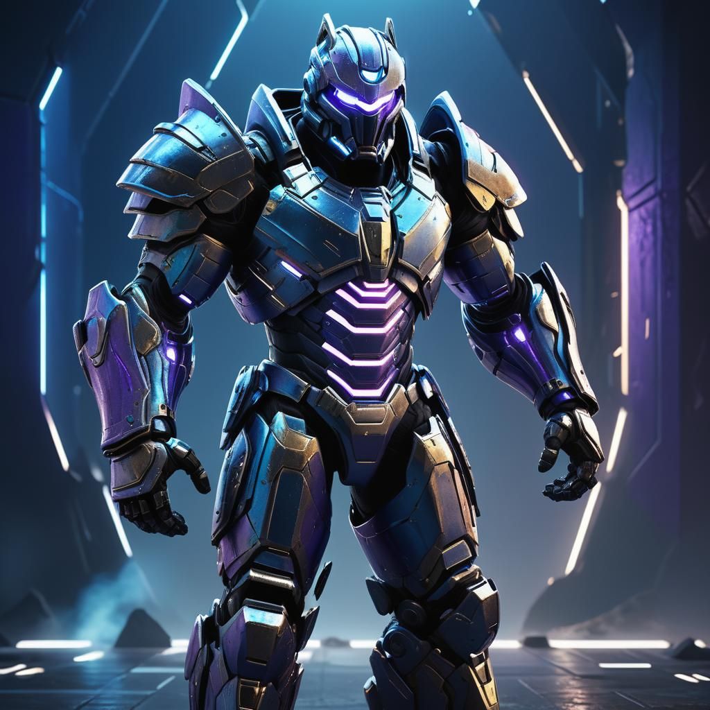 Futuristic Armor-clad Guardian with Energy Shield