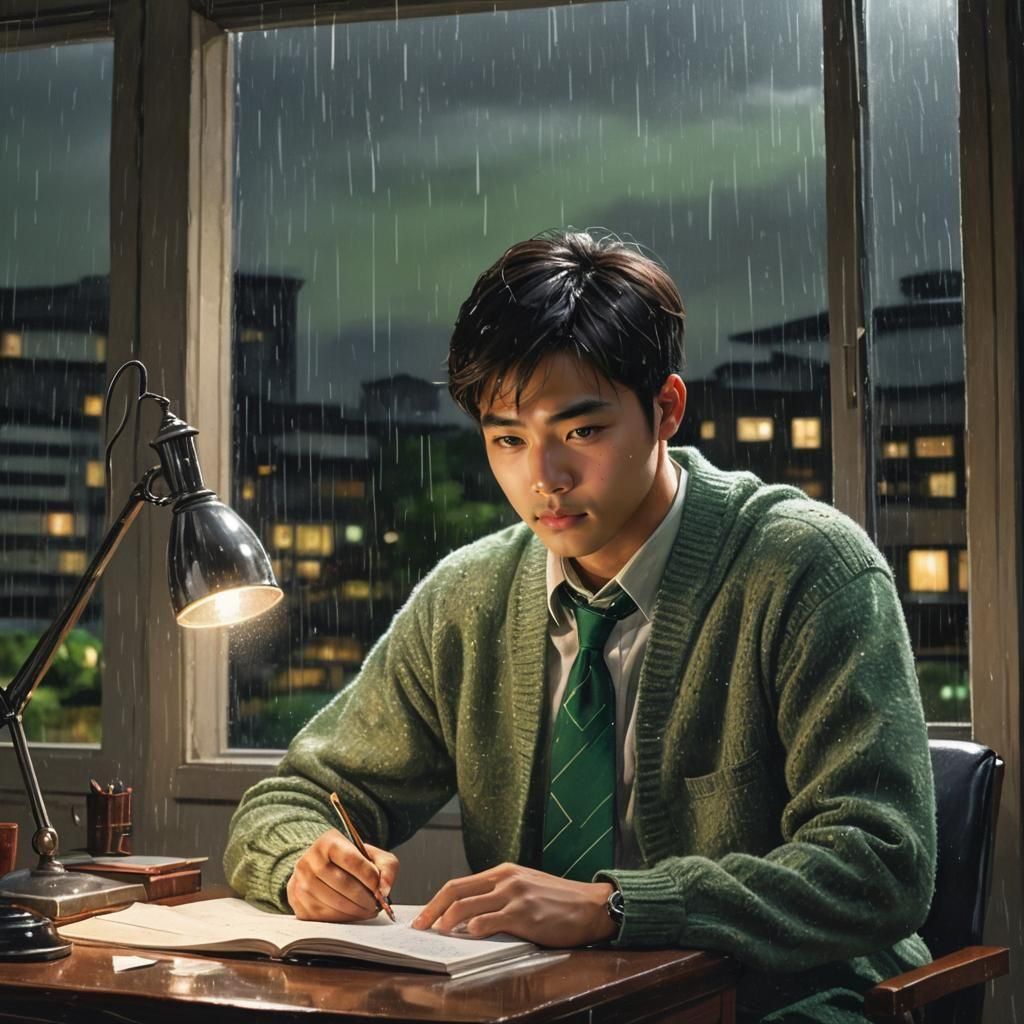 Realistic Image of Asian Teen Studying at Night