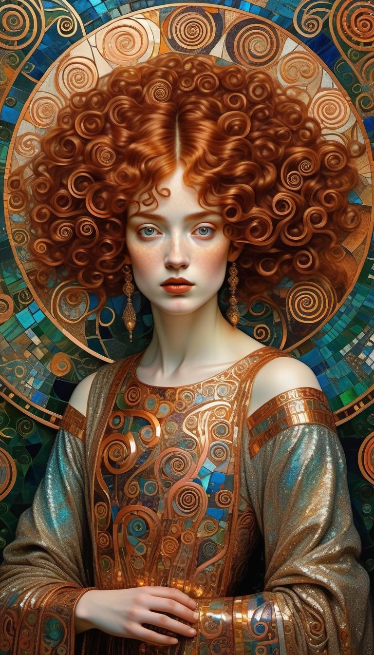 Ethereal Art Nouveau Portrait in Copper and Gold