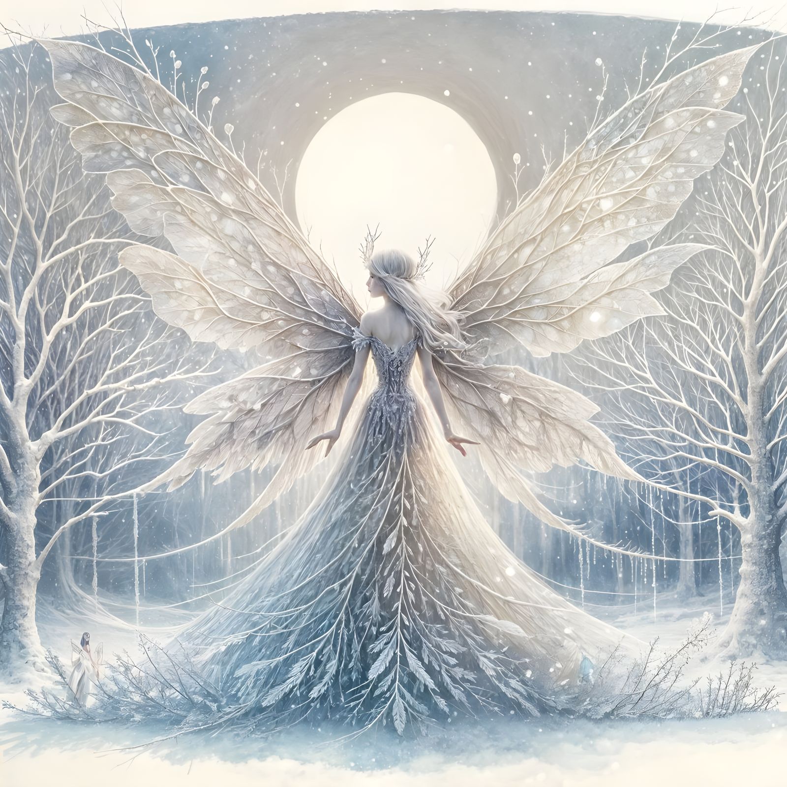 Ethereal Fairy in Winter Forest, Watercolor Art