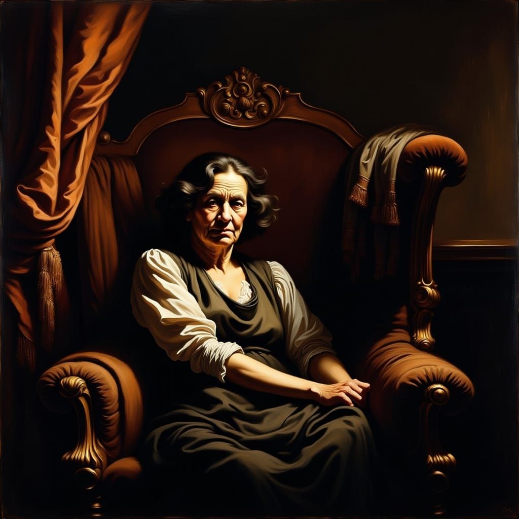 <lora:ChiaroscuroFlux:1.0> <lora:Clair-Obscur v2:1.0> old woman sleeping in a victorian armchair, Chiaroscuro by Caravag...