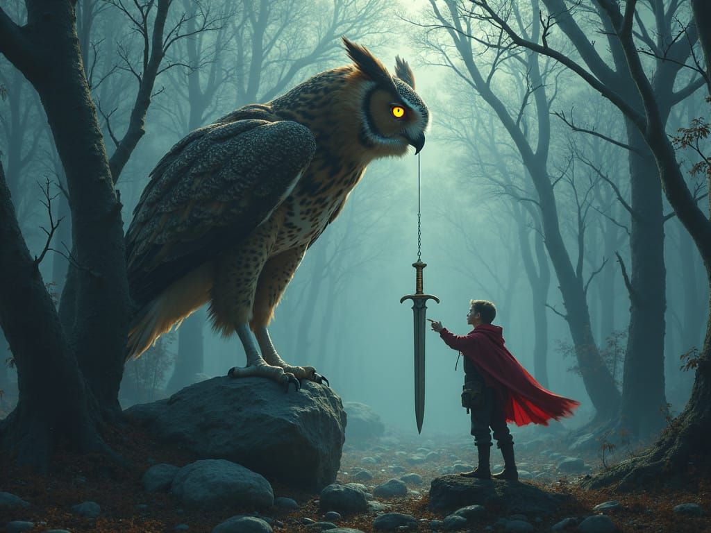 Surreal Forest: Tiny Person and Giant Owl