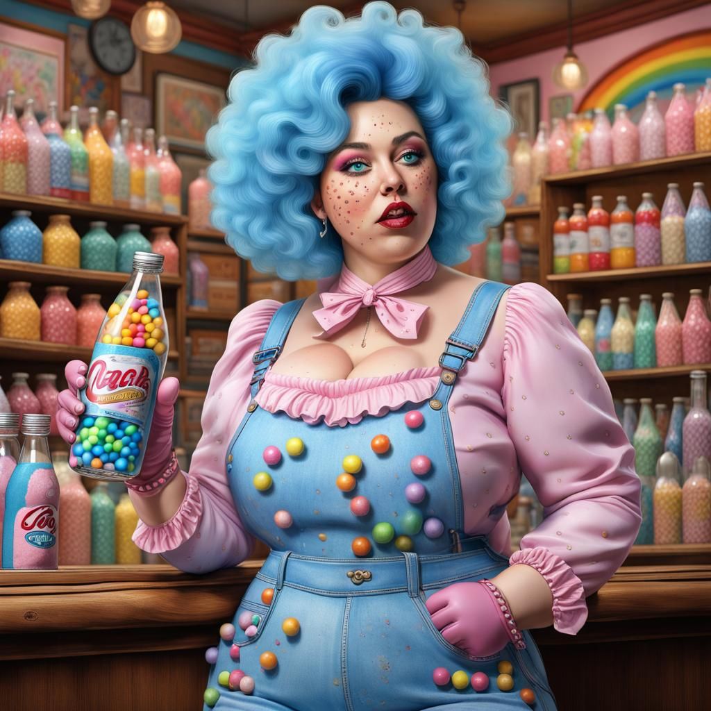 Plus-Size Woman in Candy Store, Photorealistic 8k