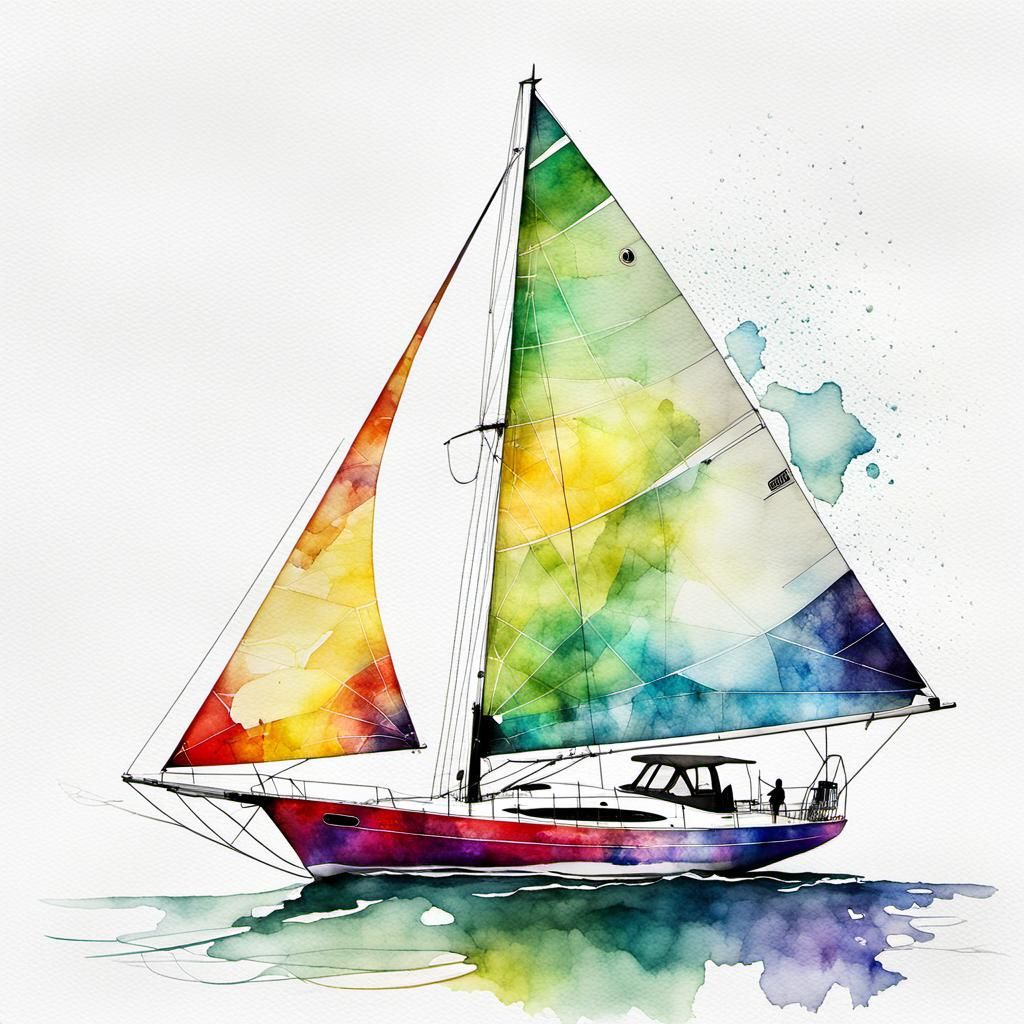 Colorful Modern Sailboat in Watercolor and Ink