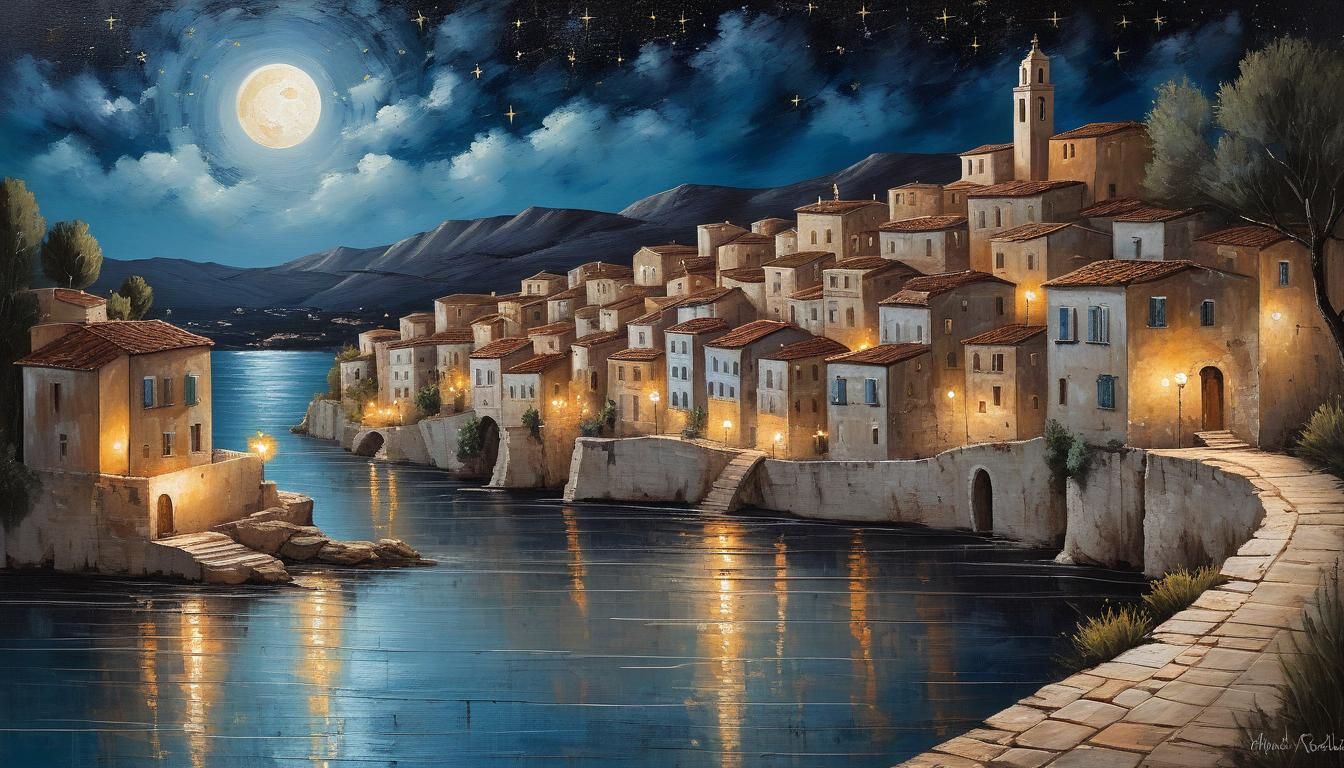 Surreal Mediterranean River Scene Under Starry Moonlit Sky i...
