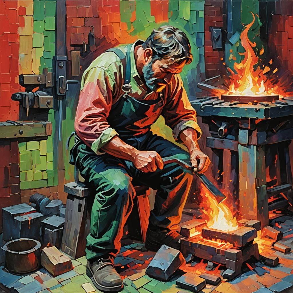 Blacksmith Forging with Red and Green Light