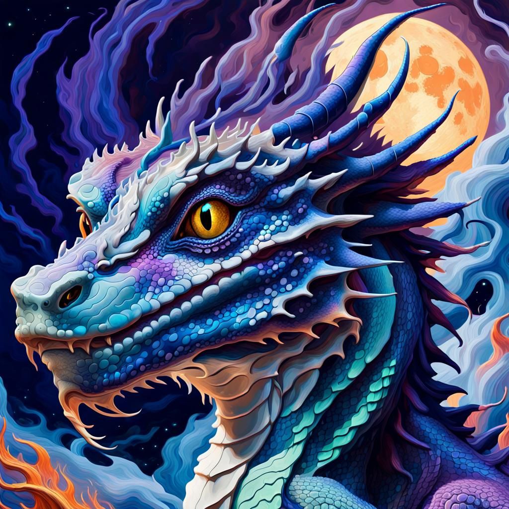 Fiery Purple Dragon with Silver Moon, Digital Art
