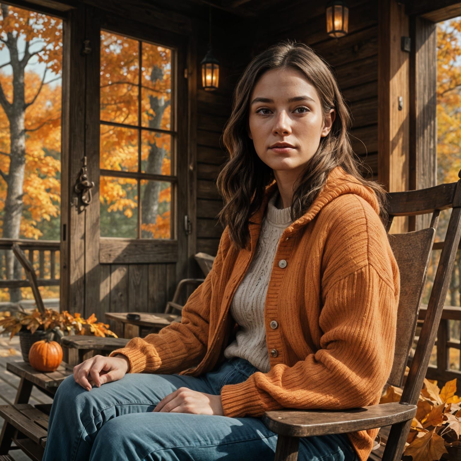 Woman in Orange Sweater on Autumn Cabin Porch