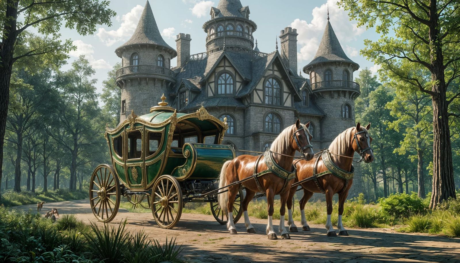 Antique Green and Gold Carriage with Stallions Before Elven ...