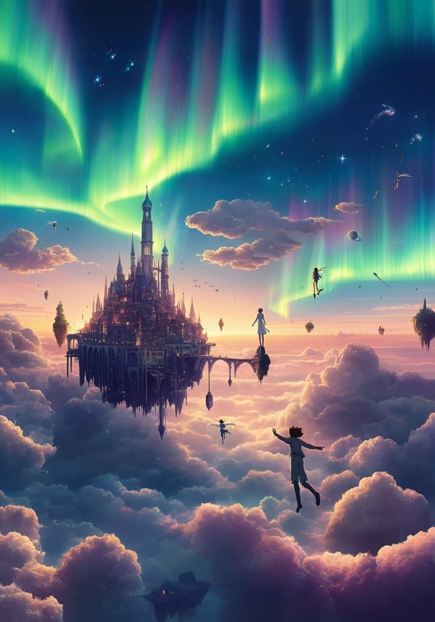 Dreamlike Cities Float Among Vibrant, Shimmering Clouds
