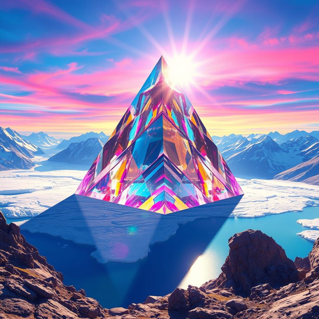 Prism Pyramid Complex on Glacier in Hyperrealistic Style