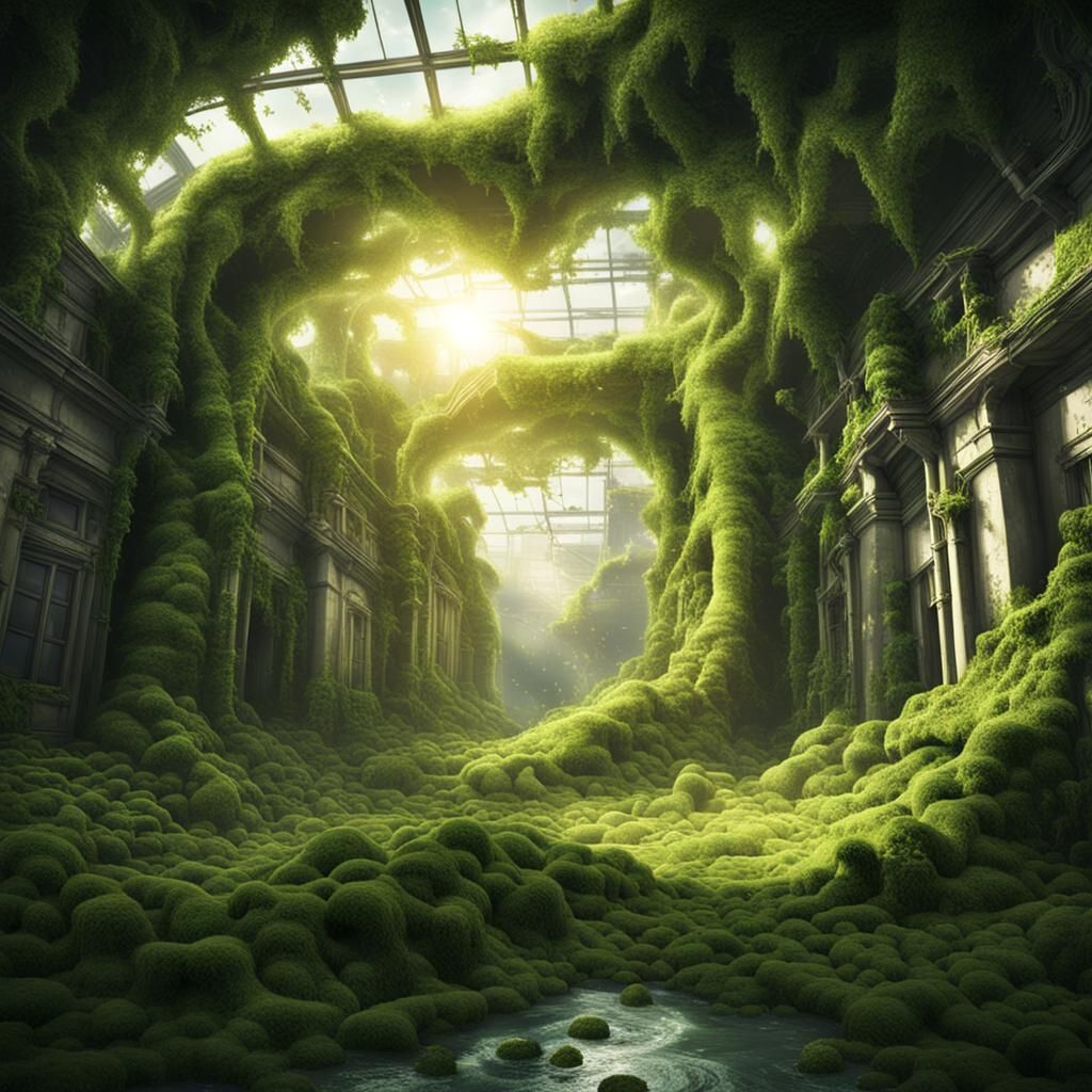 Realistic Overgrown City with Glittering Vines