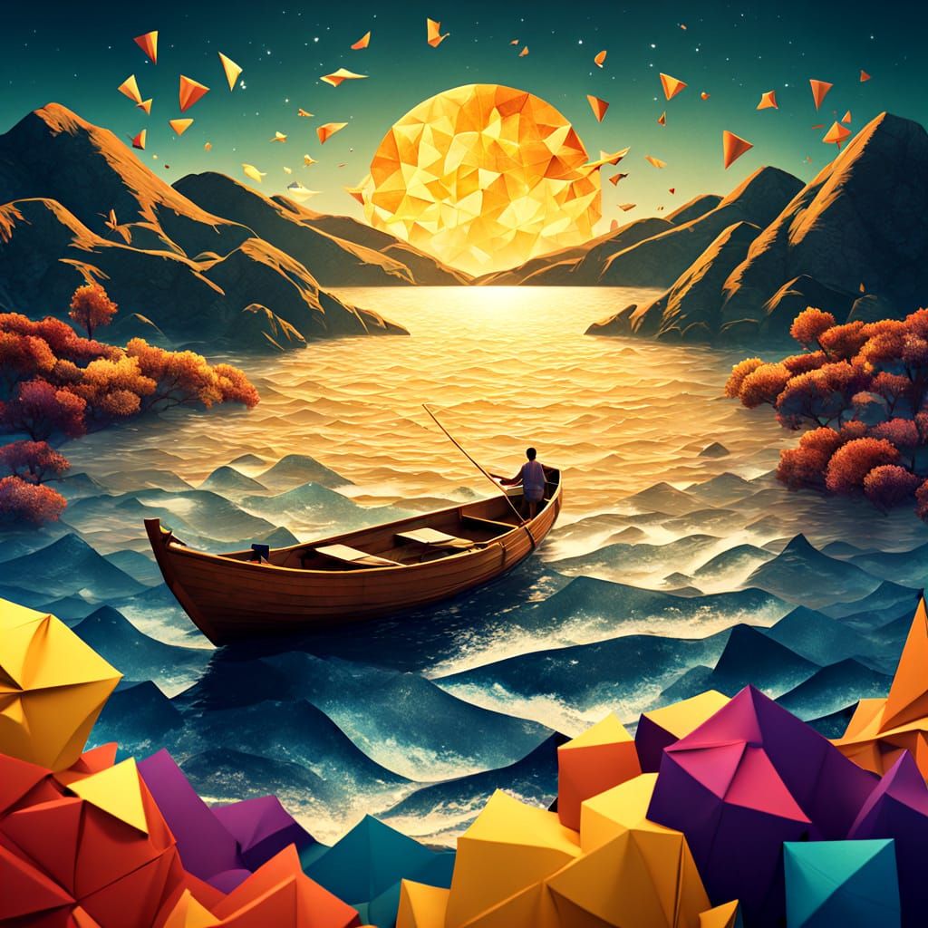 Man Sailing on Lake Under Starry Night in Origami Style