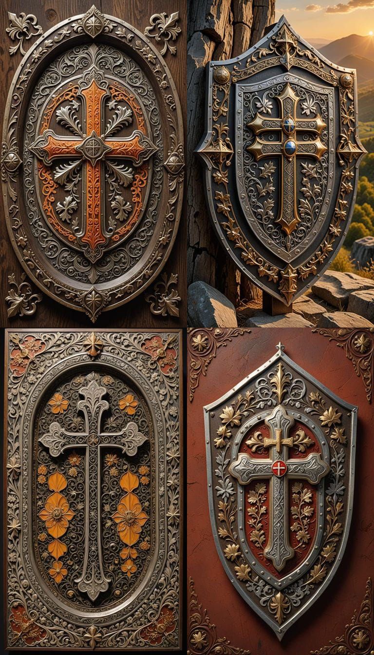 Serbian Shield in Golden Light, Embossed with Sacred Cross a...