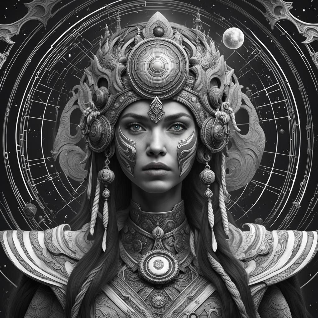 Astrological Goddess Warrior with Third Eye in Black and Whi...