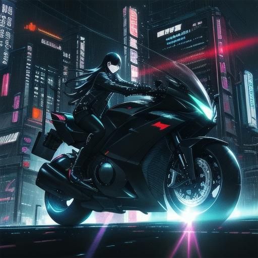 Girl on Motorcycle in Rainy Neo-Tokyo, Anime Style